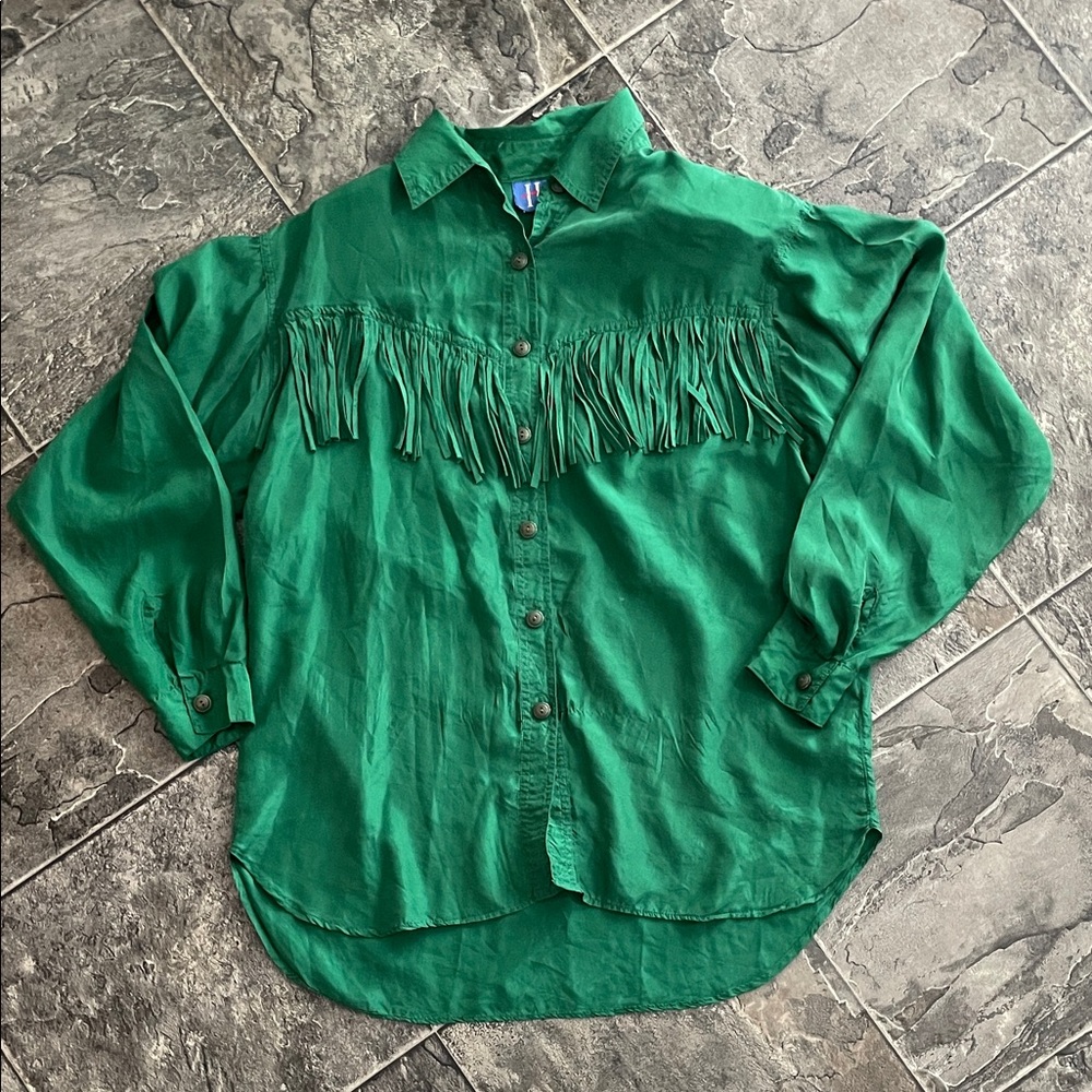 H.E.R. Silk Fringe Button-Up Blouse Shirt Western Coquette Rodeo Cowgirl Unique